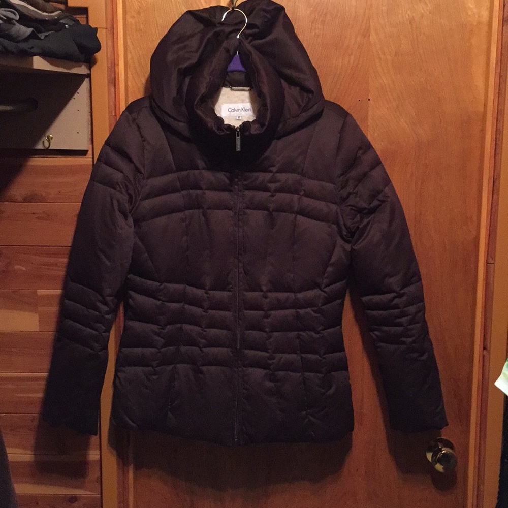 Calvin Klein chocolate brown short puffer jacket